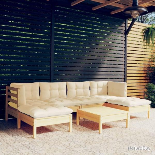 Salon de jardin 7 pcs avec coussins cr�me bois de pin