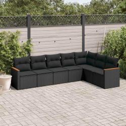 Salon de jardin 7 pcs avec coussins noir r&eacute;sine tress&eacute;e