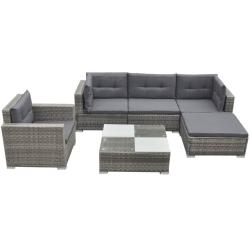 Salon de jardin 6 pcs avec coussins r&eacute;sine tress&eacute;e gris