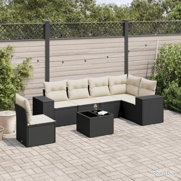 Salon de jardin 7 pcs avec coussins noir r�sine tress�e