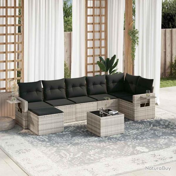 Salon de jardin 8 pcs avec coussins gris clair r�sine tress�e