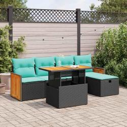 Salon de jardin 6 pcs avec coussins noir r&eacute;sine tress&eacute;e acacia