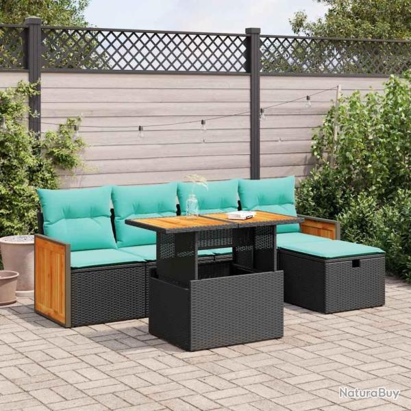 Salon de jardin 6 pcs avec coussins noir r�sine tress�e acacia