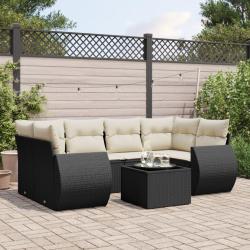 Salon de jardin 7 pcs avec coussins noir r&eacute;sine tress&eacute;e