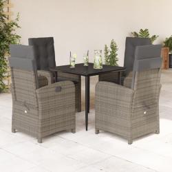 Ensemble &agrave; manger de jardin 5 pcs coussins gris r&eacute;sine tress&eacute;e