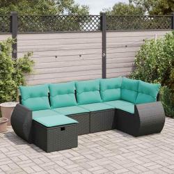 Salon de jardin 6 pcs avec coussins noir r&eacute;sine tress&eacute;e