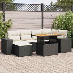 Salon de jardin 7 pcs avec coussins noir r&eacute;sine tress&eacute;e