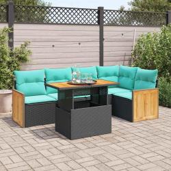Salon de jardin 6 pcs avec coussins noir r&eacute;sine tress&eacute;e acacia