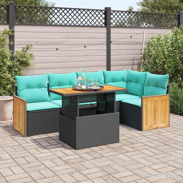 Salon de jardin 6 pcs avec coussins noir r�sine tress�e acacia