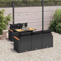 Salon de jardin 6 pcs avec coussins noir r&eacute;sine tress&eacute;e acacia