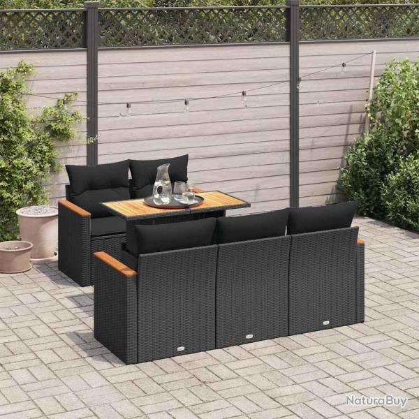 Salon de jardin 6 pcs avec coussins noir r�sine tress�e acacia