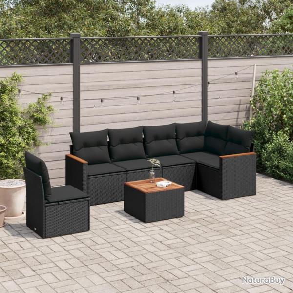 Salon de jardin 7 pcs avec coussins noir r�sine tress�e