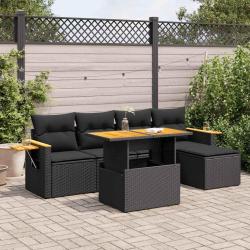 Salon de jardin 6 pcs avec coussins noir r&eacute;sine tress&eacute;e acacia