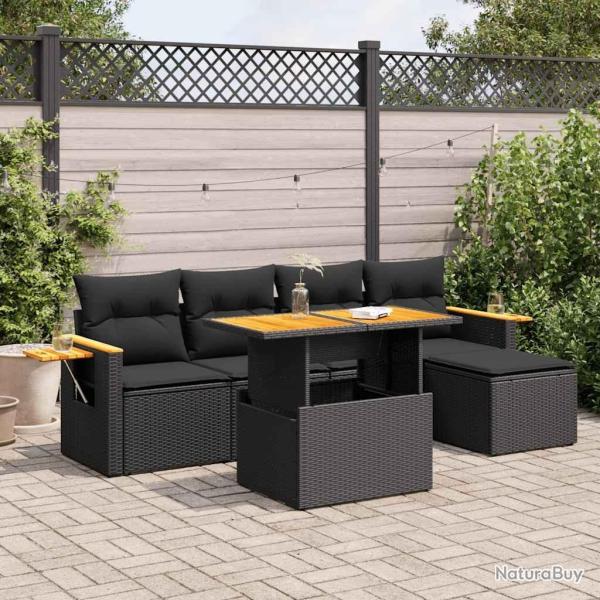 Salon de jardin 6 pcs avec coussins noir r�sine tress�e acacia
