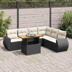 Salon de jardin 7 pcs avec coussins noir r&eacute;sine tress&eacute;e