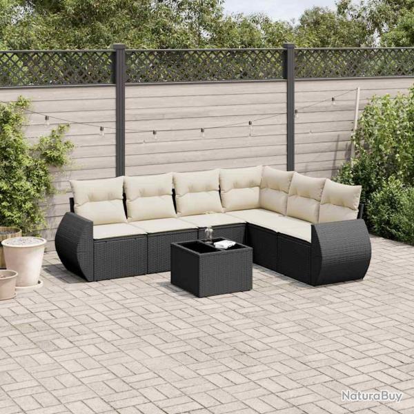 Salon de jardin 7 pcs avec coussins noir r�sine tress�e