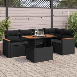 Salon de jardin 6 pcs avec coussins noir r&eacute;sine tress&eacute;e acacia