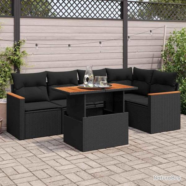 Salon de jardin 6 pcs avec coussins noir r�sine tress�e acacia