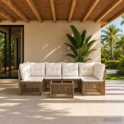 Ensemble de canap&eacute; de jardin 7 pcs Beige polyrotin
