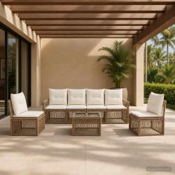 Ensemble de canap&eacute; de jardin 7 pcs Beige polyrotin