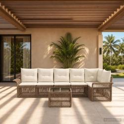 Ensemble de canap&eacute; de jardin 7 pcs Beige polyrotin