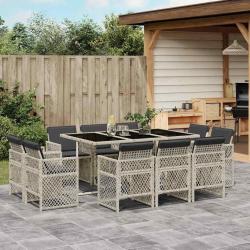 Ensemble &agrave; manger de jardin 11pcs avec coussins gris poly rotin