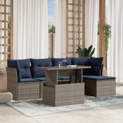 Ensemble de canap&eacute; de jardin 6 pcs avec coussins gris r&eacute;sine tress&eacute;e