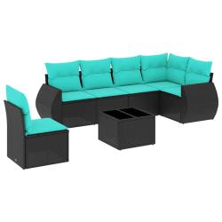 Ensemble de canap&eacute; de jardin 7 pcs avec coussins noir r&eacute;sine tress&eacute;e
