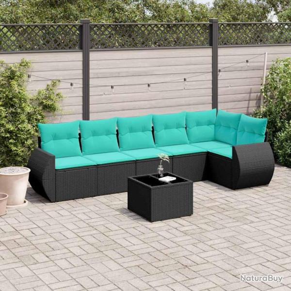 Ensemble de canap� de jardin 7 pcs avec coussins noir r�sine tress�e