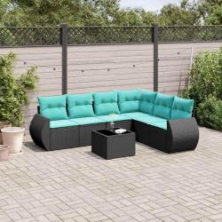 Ensemble de canap&eacute; de jardin 7 pcs avec coussins noir r&eacute;sine tress&eacute;e