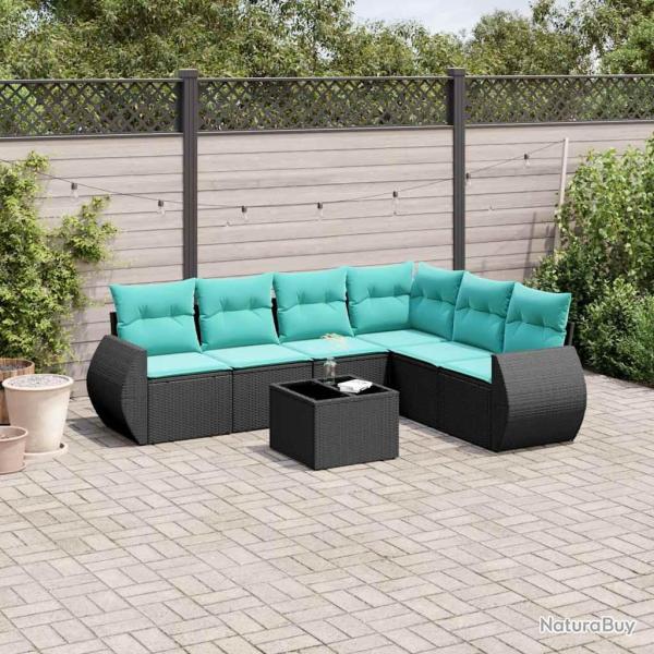 Ensemble de canap� de jardin 7 pcs avec coussins noir r�sine tress�e