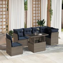 Ensemble de canap&eacute; de jardin 7 pcs avec coussins gris r&eacute;sine tress&eacute;e