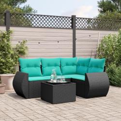 Ensemble de canap&eacute; de jardin 5 pcs avec coussins noir r&eacute;sine tress&eacute;e