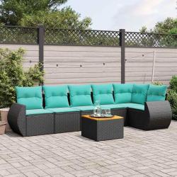 Ensemble de canap&eacute; de jardin 7 pcs avec coussins noir r&eacute;sine tress&eacute;e
