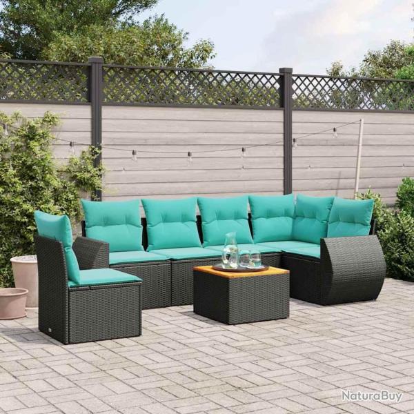 Ensemble de canap� de jardin 7 pcs avec coussins noir r�sine tress�e