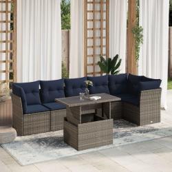 Ensemble de canap&eacute; de jardin 7 pcs avec coussins gris r&eacute;sine tress&eacute;e