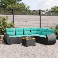 Ensemble de canap&eacute; de jardin 7 pcs avec coussins noir r&eacute;sine tress&eacute;e