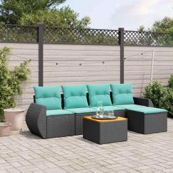 Ensemble de canap&eacute; de jardin 6 pcs avec coussins noir r&eacute;sine tress&eacute;e