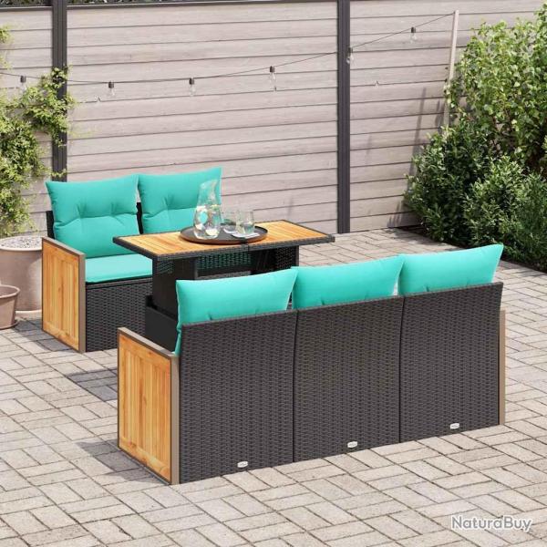 Ensemble de canap� de jardin 6 pcs avec coussins noir r�sine tress�e et acacia