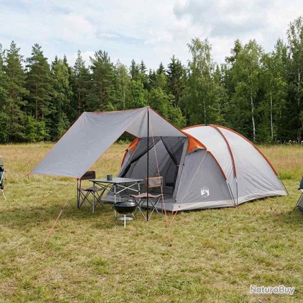 Tente Cabane Gris et orange 6 personnes Polyester et Acier