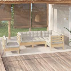 Salon de jardin 5 pcs avec coussins cr&egrave;me bois de pin