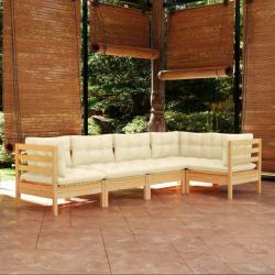 Salon de jardin 5 pcs avec coussins cr&egrave;me bois de pin