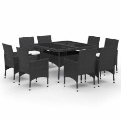 Ensemble &agrave; Manger de jardin 9 pcs R&eacute;sine tress&eacute;e et verre Noir