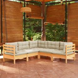 Salon de jardin 5 pcs avec coussins cr&egrave;me bois de pin massif