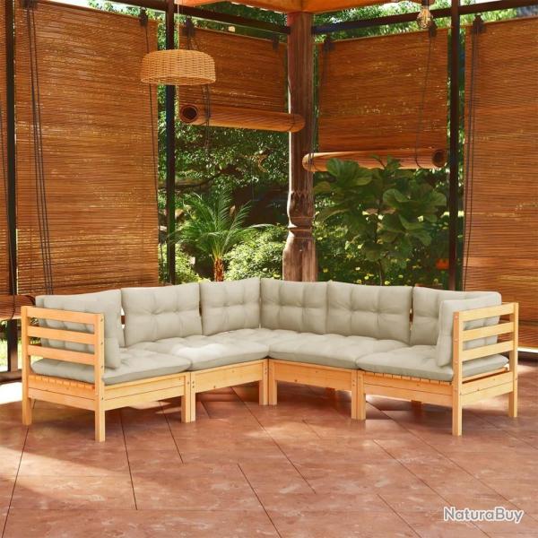 Salon de jardin 5 pcs avec coussins cr�me bois de pin massif