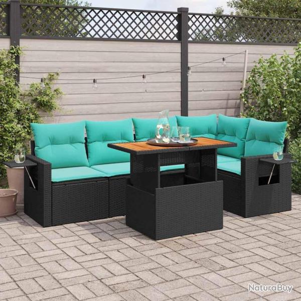 Salon de jardin 6 pcs avec coussins noir r�sine tress�e