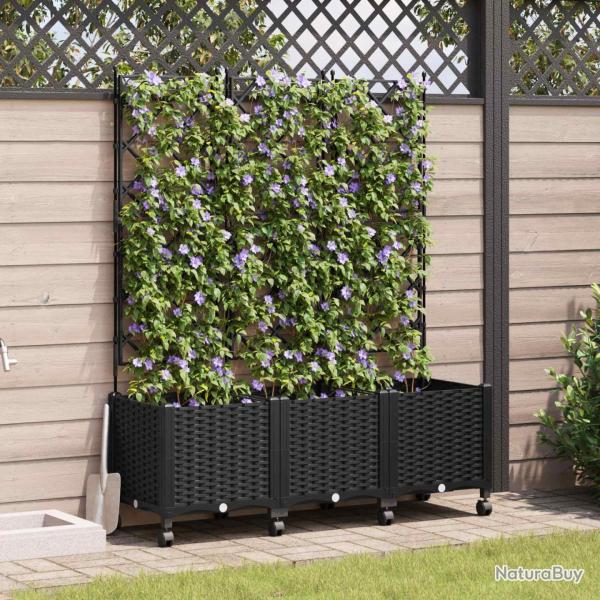 Bac de jardin avec treillis et roues 3 pc Noir PP