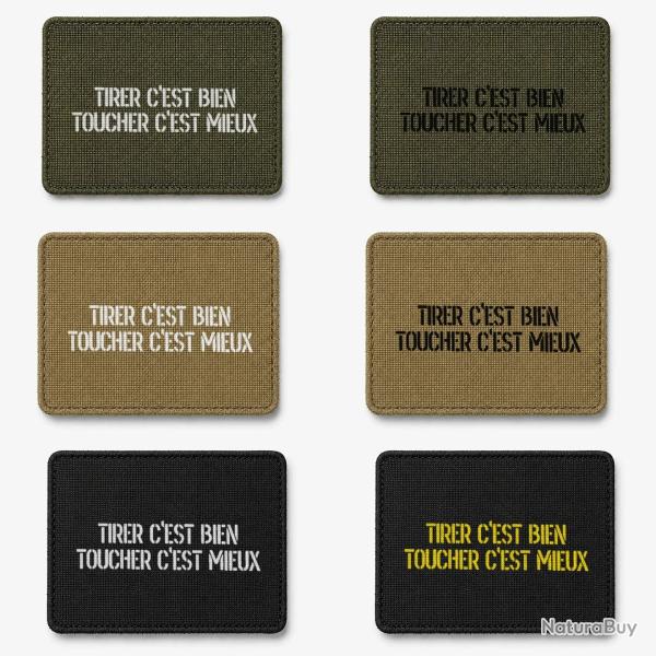 Patch velcro Tirer c'est Bien, Toucher c'est Mieux - �cusson tir sportif tiss� 10x7 cm