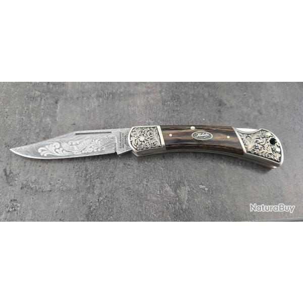 couteau de collection pliant lame damas herbertz etat neuf acier 440