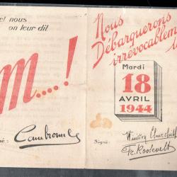 Tract du R&eacute;gime de Vichy "Nous D&eacute;barquerons irr&eacute;vocablement le mardi 18 avril 1944" tr&egrave;s rare propag